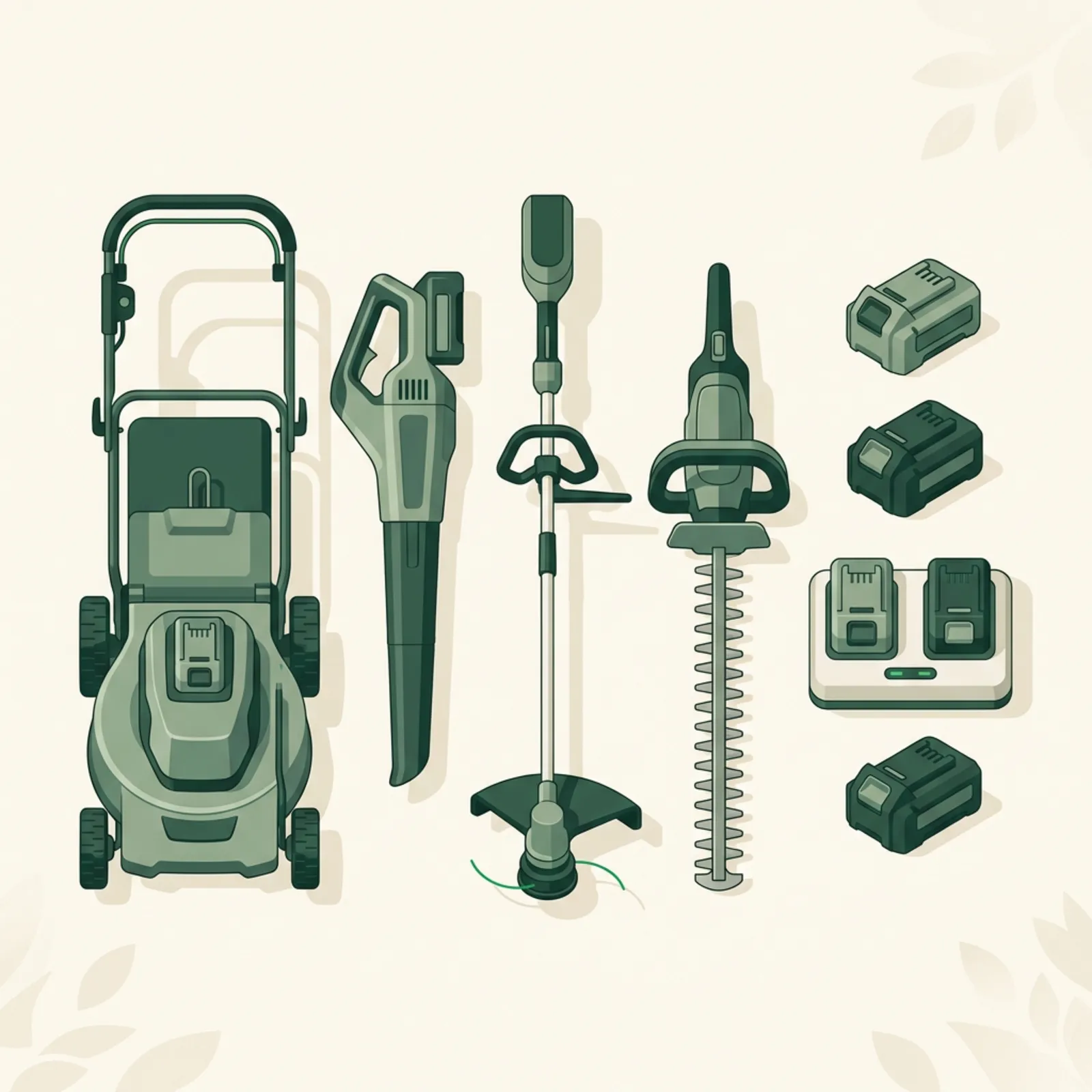 Three battery-powered lawn mowers side by side on a suburban lawn
